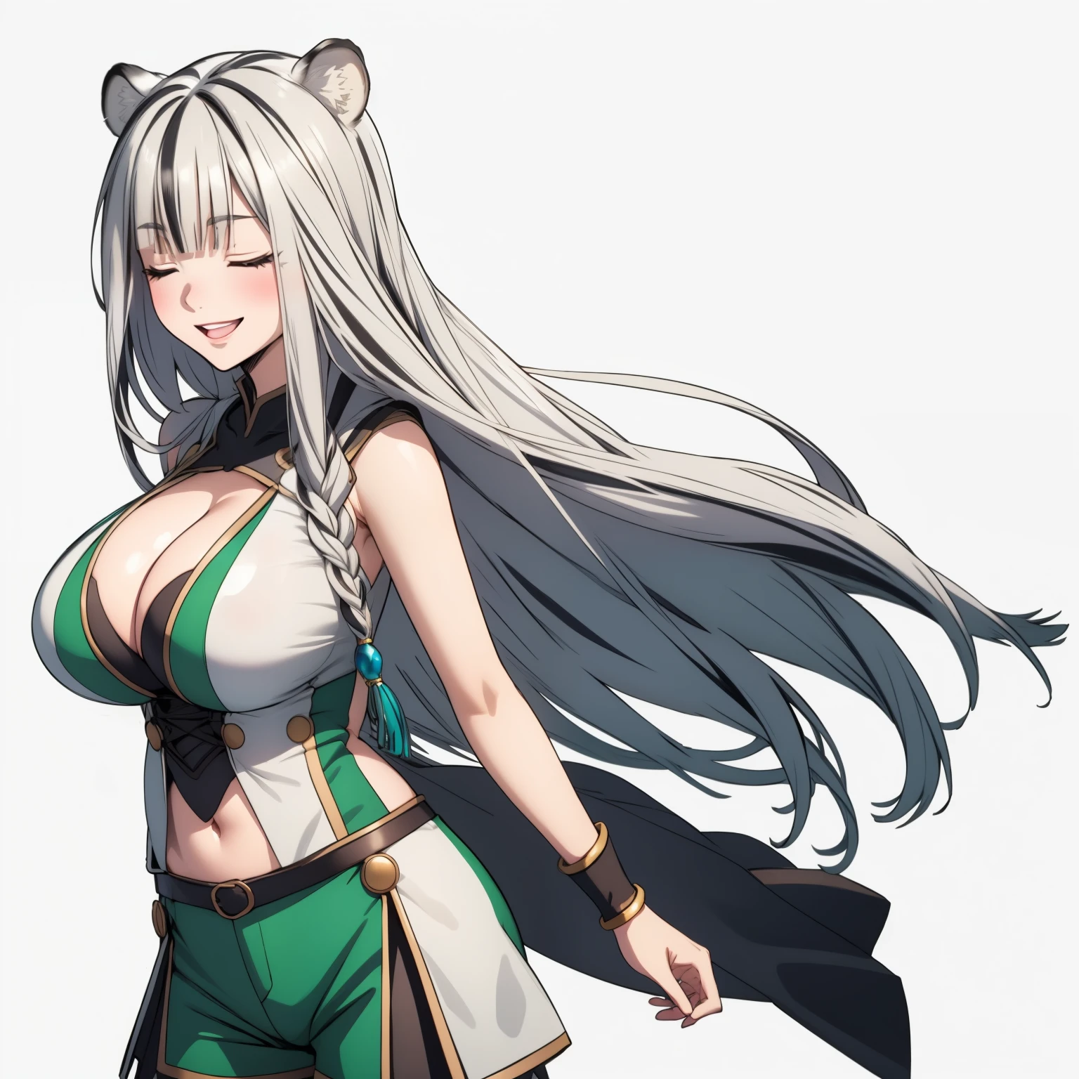 Atlas Fayon woman 40 years, white hair with black stripes ,white tiger ears, closed eyes, mujer ciega con closed eyes, explorer costume, green low cut leather tops, green leather shorts, , huge breasts,, background a fantasy city. happy smile, floating hair.