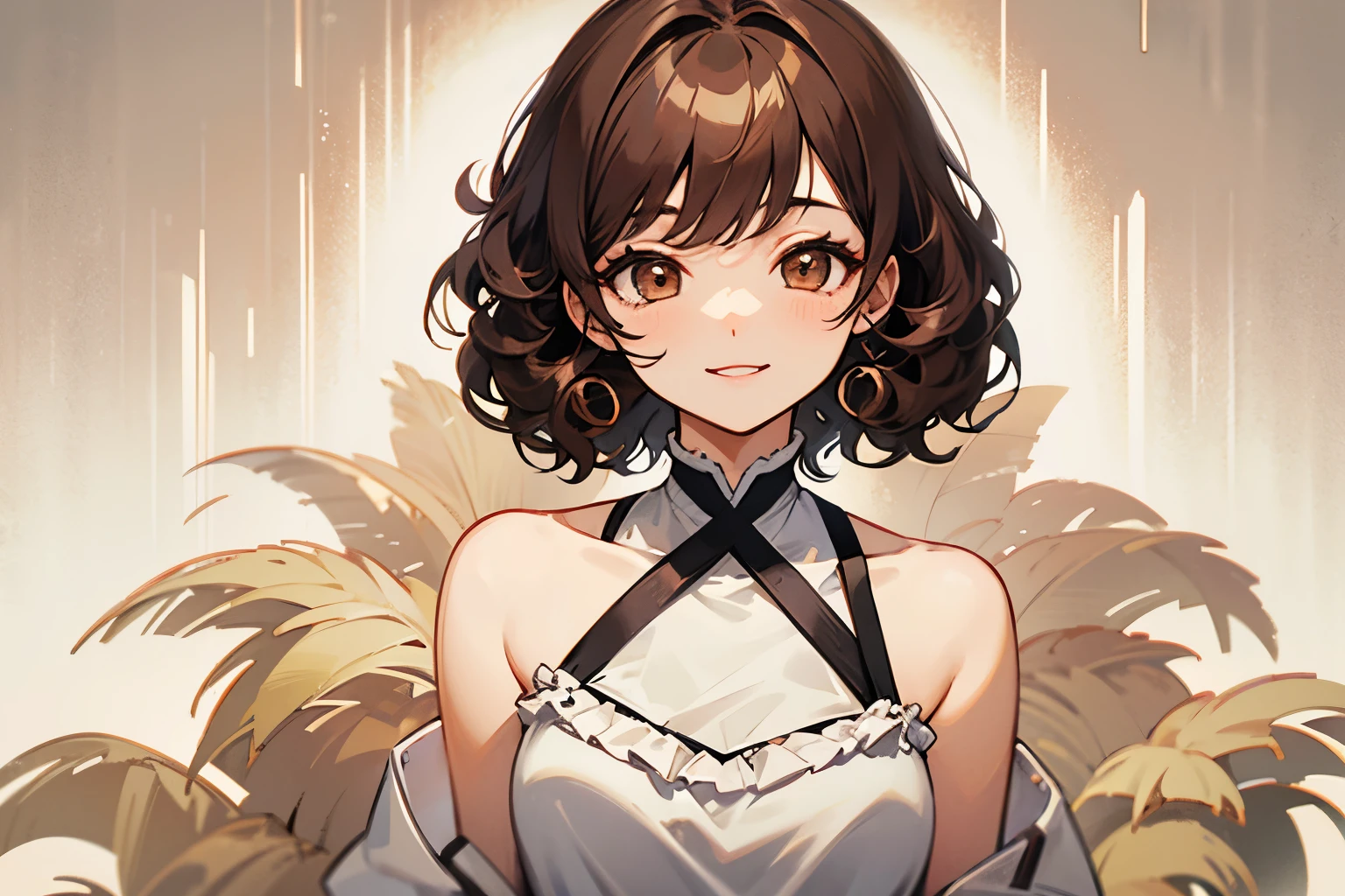 character fugue, such a pretty girl , Brown eyes , tender smile , short shoulder length hair , Curly hair