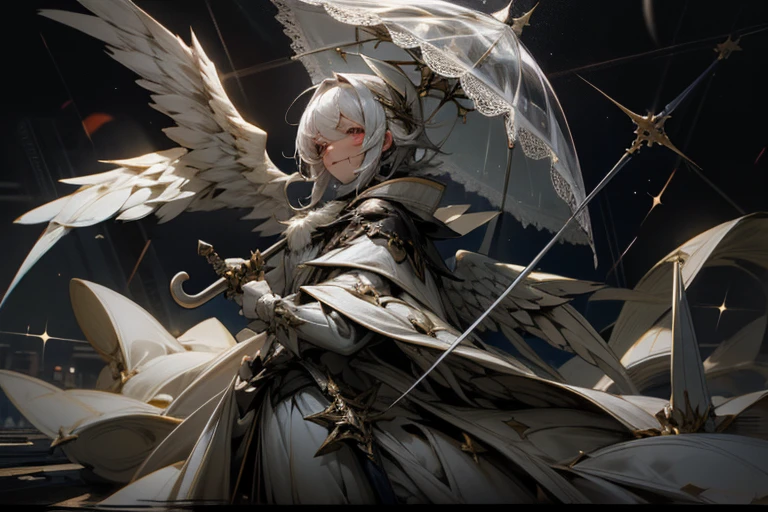 magician,White Dress,Angel Wings,Big umbrella,Rapier,heavy rain,destruction,Crazy,darkness,smile,I'm sick,Masquerade Mask,human_no,droid,Deus Ex Machina,Light effects,Persona,horror style,artistic,rearistc,Black and grey world,perfect face,perfect face,dark fantasy,Shields float in the air around her.,Hold your hand,The End,