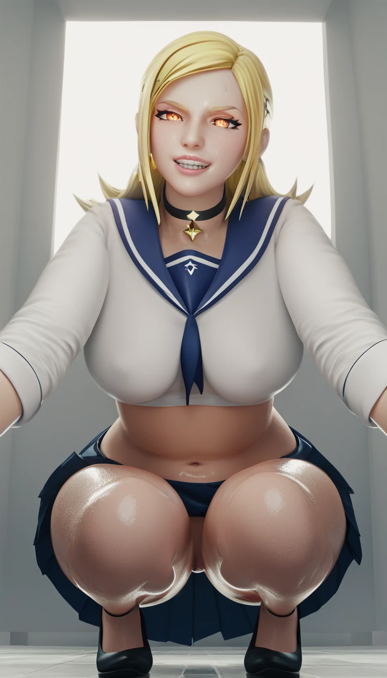 score_9, score_8_up, score_7_up, score_6_up, uncensored, KamiuntenMira, long hair, yellow hair, orange eyes, naughty face, shiny skin, sweating, BREAK (masterpiece:1.2), best quality, high resolution, unity 8k wallpaper, (illustration:0.8), (detailed eyes:1.3), perfect lighting, extremely detailed CG, (perfect hands, perfect anatomy), hearts, pleasured, 1girl, blood, squatting, solo, smug, serafuku, navel, school_uniform, breasts, skirt, choker, black_serafuku, looking_at_viewer, black_skirt, midriff, black_footwear, gloves, high_heels, teeth, sleeves_rolled_up, jacket, large_breasts