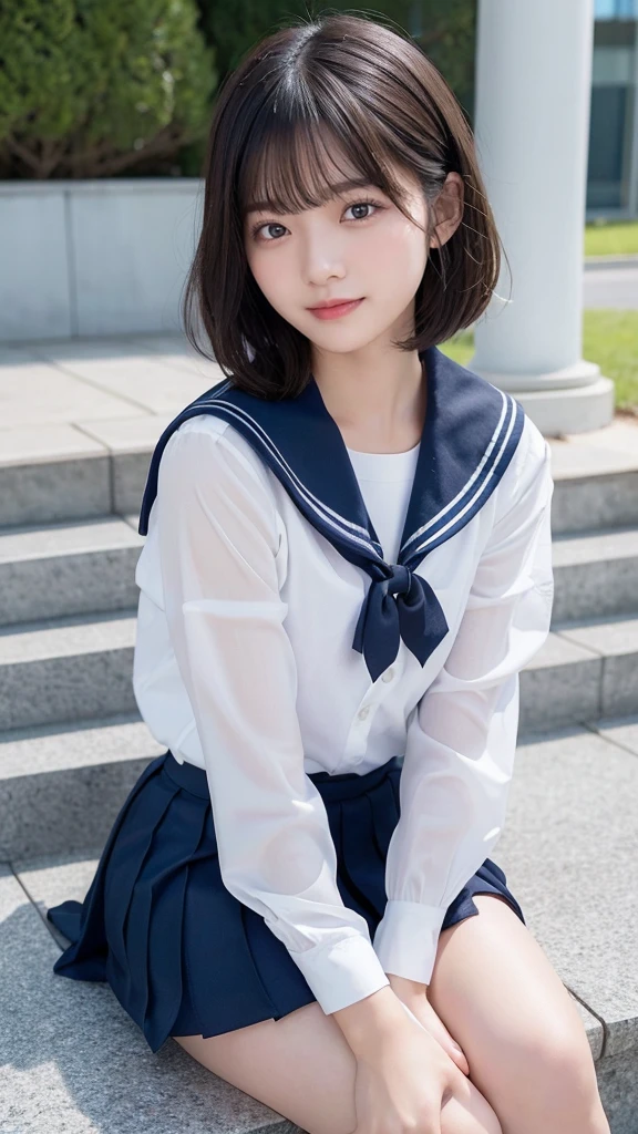 Black Hair、(School-designated sailor uniform:1.3)、short hair、hair accessory、Laugh a little、See-through、High-quality panties available、(Highest quality,masterpiece:1.3,Ultra-high resolution,),(Ultra-detailed,Caustics),(Photorealistic:1.4,RAW shooting,)Ultra-Realistic Capture,Very detailed,High resolution 16K human skin closeup。 The skin texture is natural、Detailed face and eyes、Sit on the stairy hair sways in the wind、