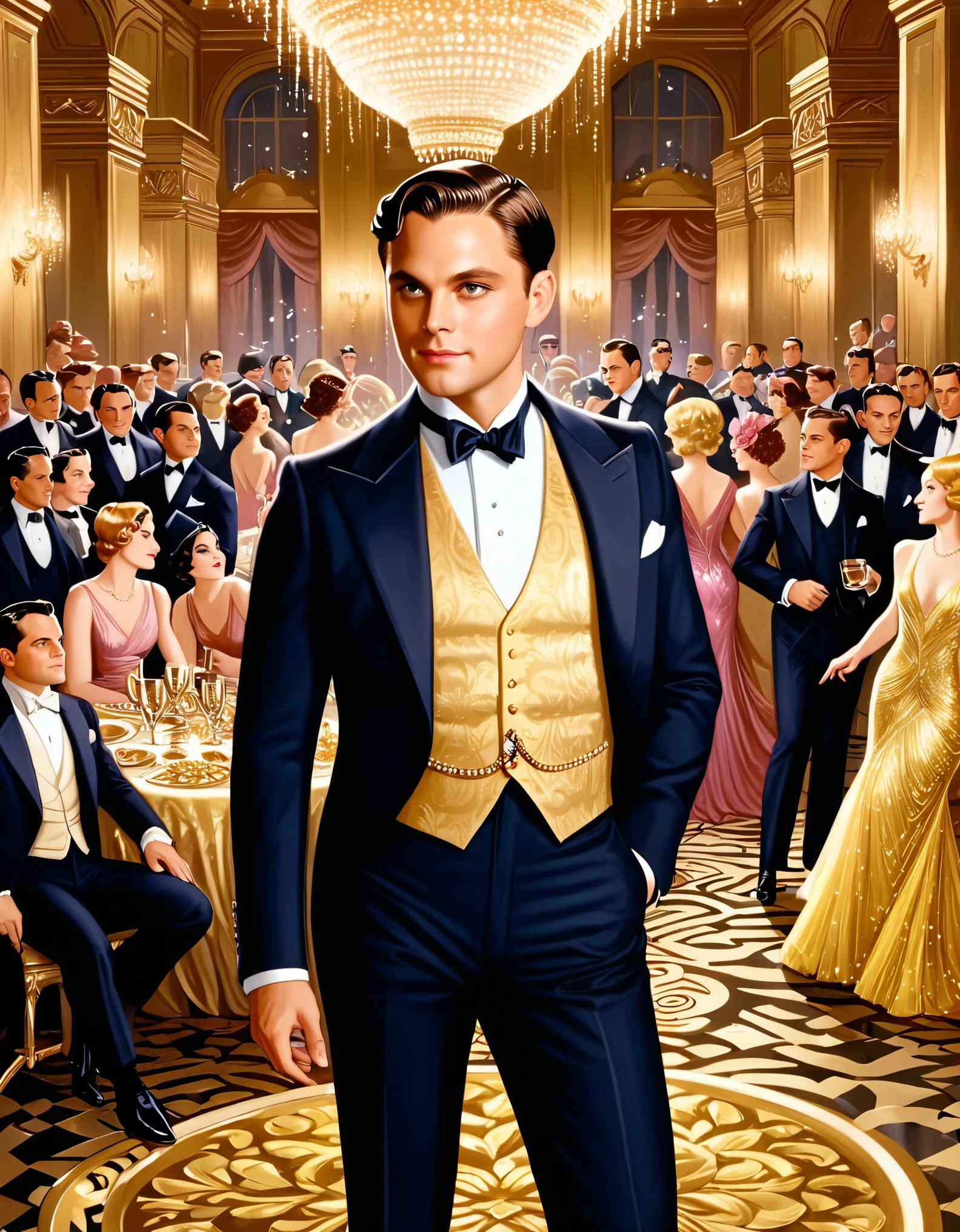 "I was within and without, simultaneously enchanted and repelled by the inexhaustible variety of life."
Image Prompt: Depict a scene where the protagonist, Nick Carraway, stands on the periphery of a lavish party, experiencing a mix of fascination and detachment from the extravagance and excess.