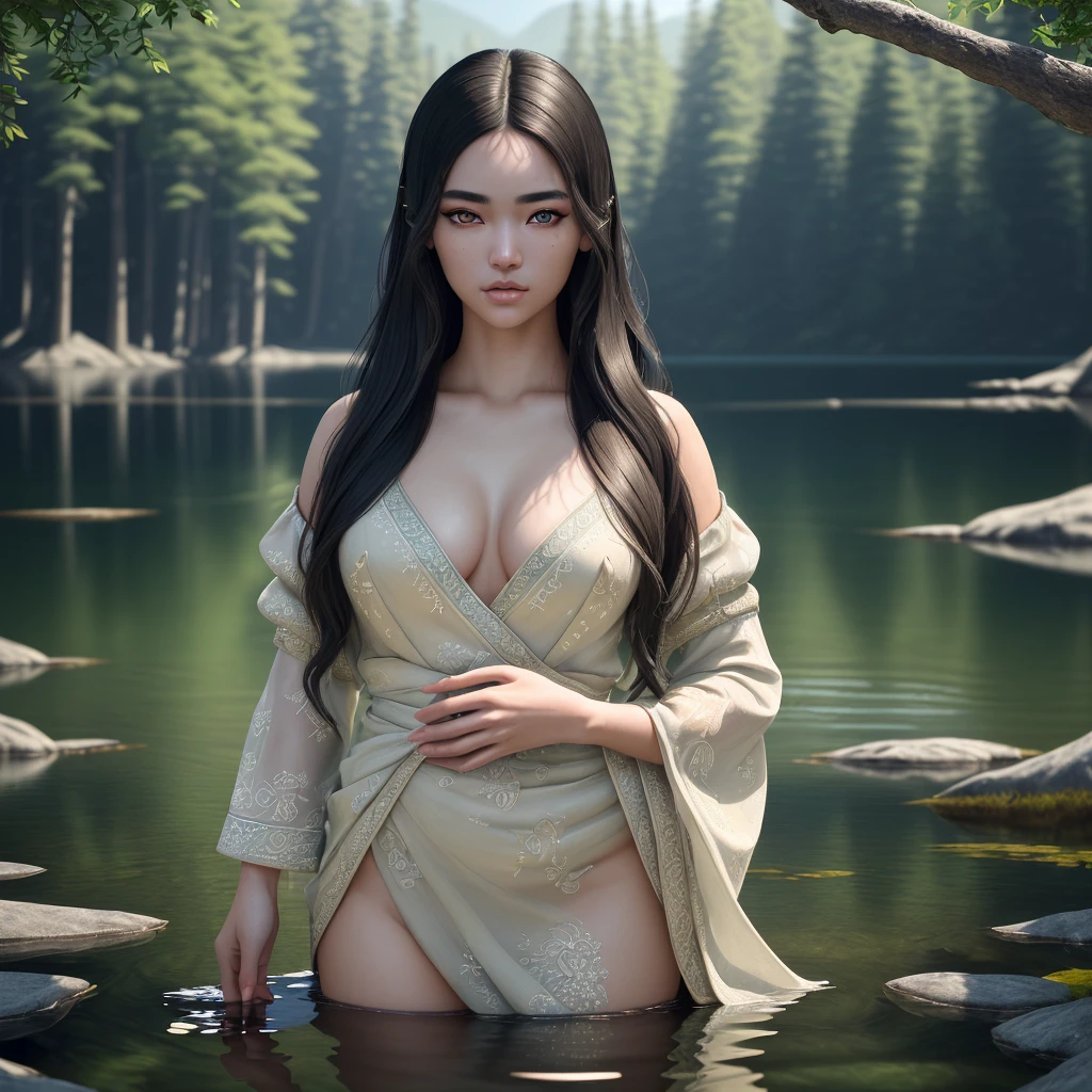 a highly detailed portrait of hot girl standing in a serene lake, masterpiece, best quality, ultra-detailed, absurdly detailed, best lighting and shadows, razor-sharp focus, extremely detailed face, eyes, hair, full body, 8K, 4K, UHD, ray-traced, beautiful visual effects