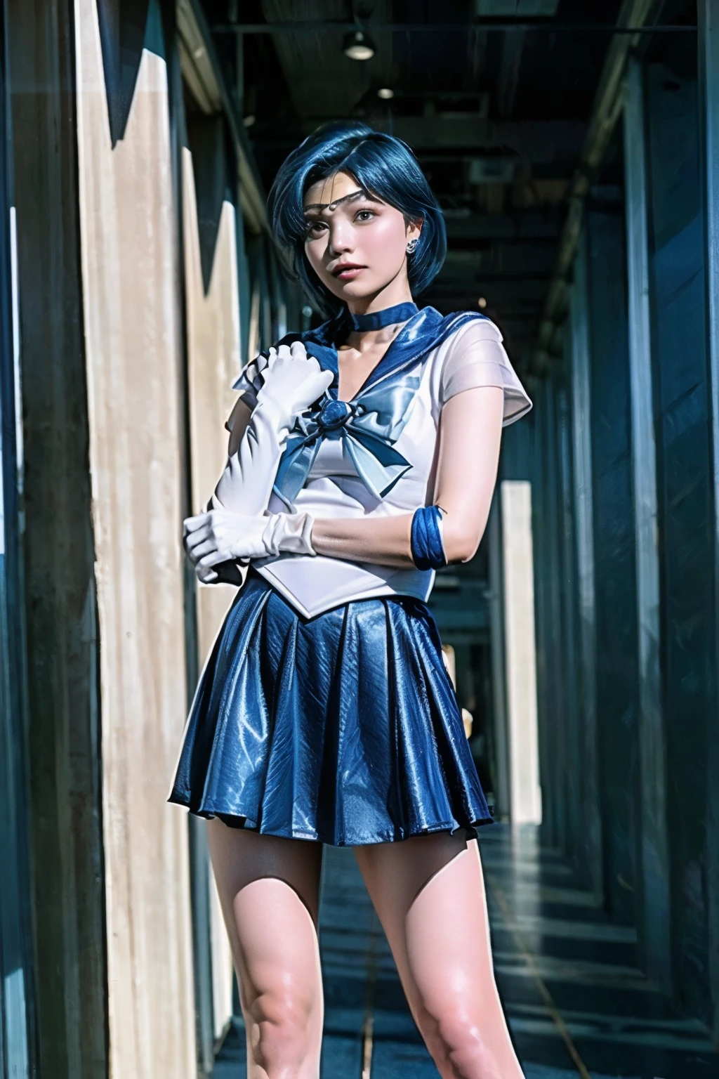 (realistic, photo-realistic:1.4), (best quality,masterpiece:1.2), RAW photo, high resolution, intricate details, extremely detailed, realistic and sharp details, cinematic lighting, portrait, solo, 1girl, sailor mercury, mer1, AmiMizuno, a Japanese female idol wearing a sailor senshi uniform, smuniform, (jewelry, circlet, crescent earrings, blue choker, blue sailor collar, neck ribbon, white elbow gloves, blue skirt, bare legs, blue knee boots), (short hair, blue hair:1.5), detailed face, detailed eyes, pale skin, fine-textured skin, (perfect anatomy, prefect hands), goddess of water, photo background, indoors,