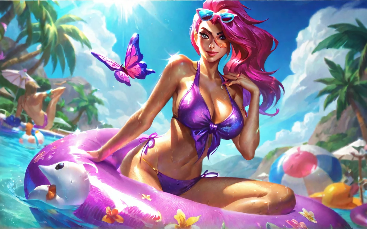 best aesthetic, lolsplashart, pool Miss Fortune, 1girl, solo, long hair, breasts, looking at viewer, smile, bangs, large breasts, swimsuit, cleavage, medium breasts, green eyes, pink hair, white hair, ponytail, flower, outdoors, butterfly, sky, day, bikini, cloud, tree, water, pedal, blue sky, butterfly wings, purple bikini, pool float, sunglasses, palm tree, beachball, beach umbrella, ocean waves, a beautiful young woman with long pink hair, wearing a purple bikini and sunglasses, lounging on a pool float in a sparkling blue pool. She is surrounded by tropical flowers and palm trees, and the scene is set against a backdrop of a bright blue sky with fluffy white clouds. The woman's pose is relaxed and carefree as she floats in the pool, enjoying the sunshine. The colorful flowers, pool float, and her bold purple bikini all contribute to the fun, summery vibe. The overall atmosphere is cheerful and lighthearted, capturing the essence of a perfect poolside day. The woman is hugging a bright pink and white beach ball with lipstick kiss marks on it.