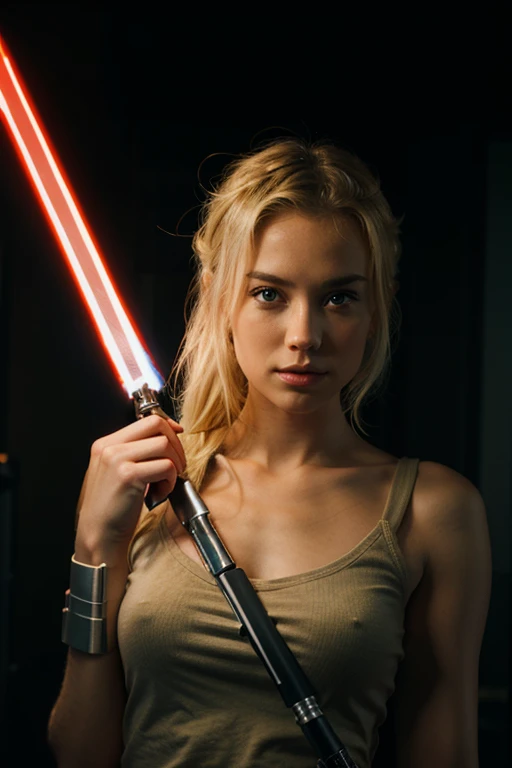 blonde girl jedi with lightsaber