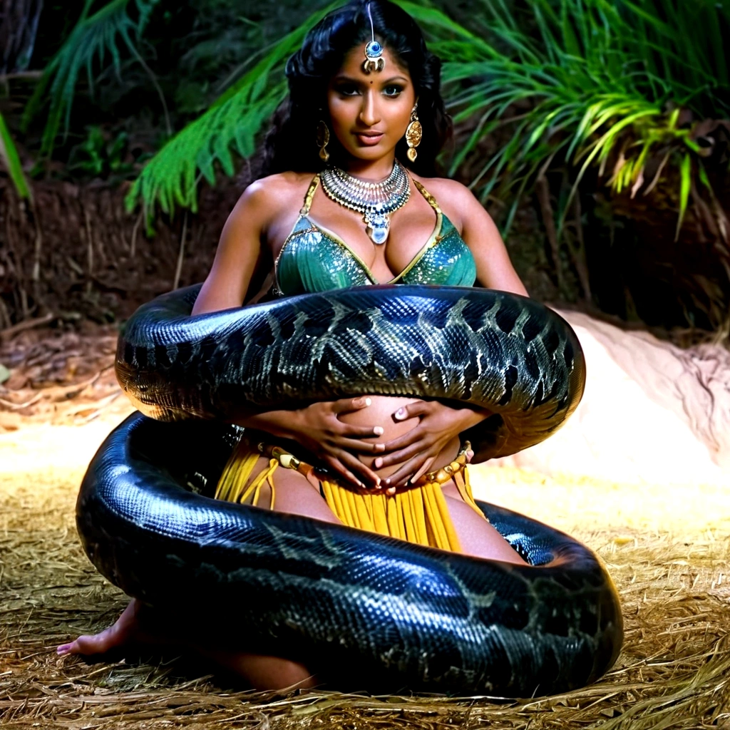  Pregnant  Happy Horny, aroused 1girl), beautiful kneeling indian young  belly dancer girl  with  giant colossal black titanboa squeezing her hard, wrapped in thick spiraling coils, constricted, struggle, gasping for air, snake attack, snake peril, moonless night, dim light