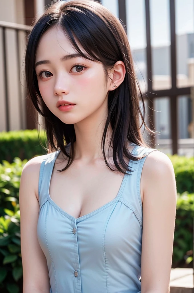 (1 nogizaka girl,15years old face,raw photo,photo realistic:1.5),(best quality, high quality,HDR, highest quality,ultra high resolution,high resolution,high res,ultra high difinition,huge file size,8K,2K wallpaper,8K wallpaper,high quality texture,amazing,an extremely delicate:1.4),one girl, Japanese famous idol,cute face,small face,absurd,ridiculous,incredibly ridiculous,blurry background,(idol uniform,short hair,cleavage,no makeup:1.2),medium skin,beautiful skin,detailed skin,black hair,silky hair,black eyes,Japanese nose,5-fingers,(Light Particles, Lens Flare, Luminous Particles: 0.7),looking at viewer,bright lighting,professional lighting,girl