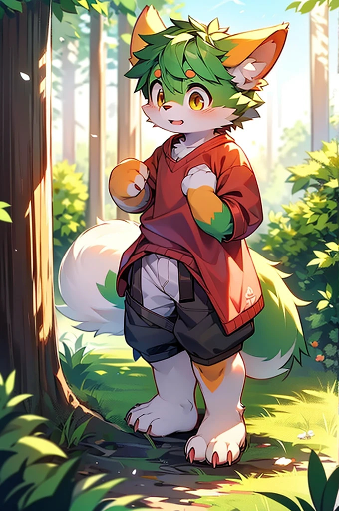 shaggy，Green fur，Green fur，Green fur，male people，canid，adolable，The little fox，The little fox，The little fox，adolable，solo person，sharp talons，Detailed fur，Golden eyes，Thick eyebrows，Fluffy tail，red short sleeves，short white pants，ultra - detailed：1.0，Libido boy，toddlers，children，children's，Gamine，Beast too，adolable，adolable，Shota（Via Dagasi：1.1），anatomy correct，Red Claw，Bare claws，Barefoot paws，Barefoot paws，standing on your feet，attention，bald-headed，Animal foot paws，lawns，grassy fields，On the lawn，on a grassy field，Stepping on the grass，Trampling on small grass