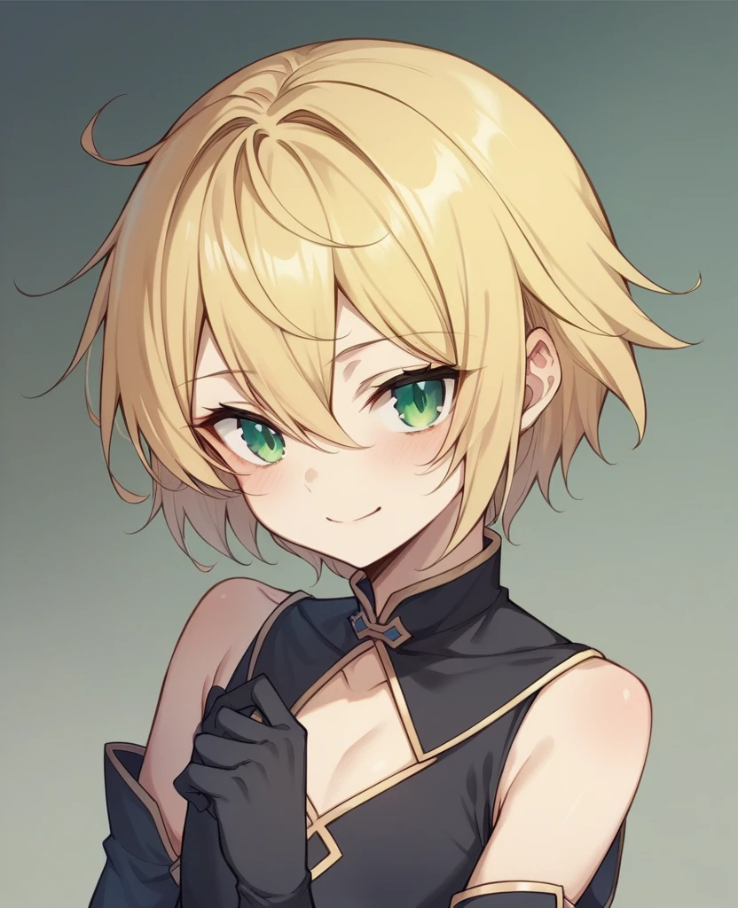 （One girl）、((short hair))、((Blonde))、（Sato Air）、(boyish)、((flat chest))、green eyes、(Healer)、Black Vest、((hairs between eyes))、(long gloves)、[light smile]