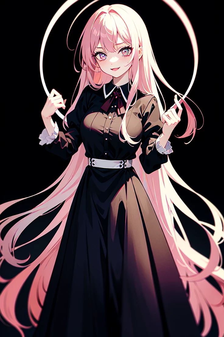 kakegurui style, Kizi, long pink hair, blue colored eyes,:d ((glare eyes)), cloused mouth,wavy fringe, blusa white, black jacket, kind smile, posh, rica, whole body, long robe, fitted dress, serious expression, simple background, White background, ((work of art))