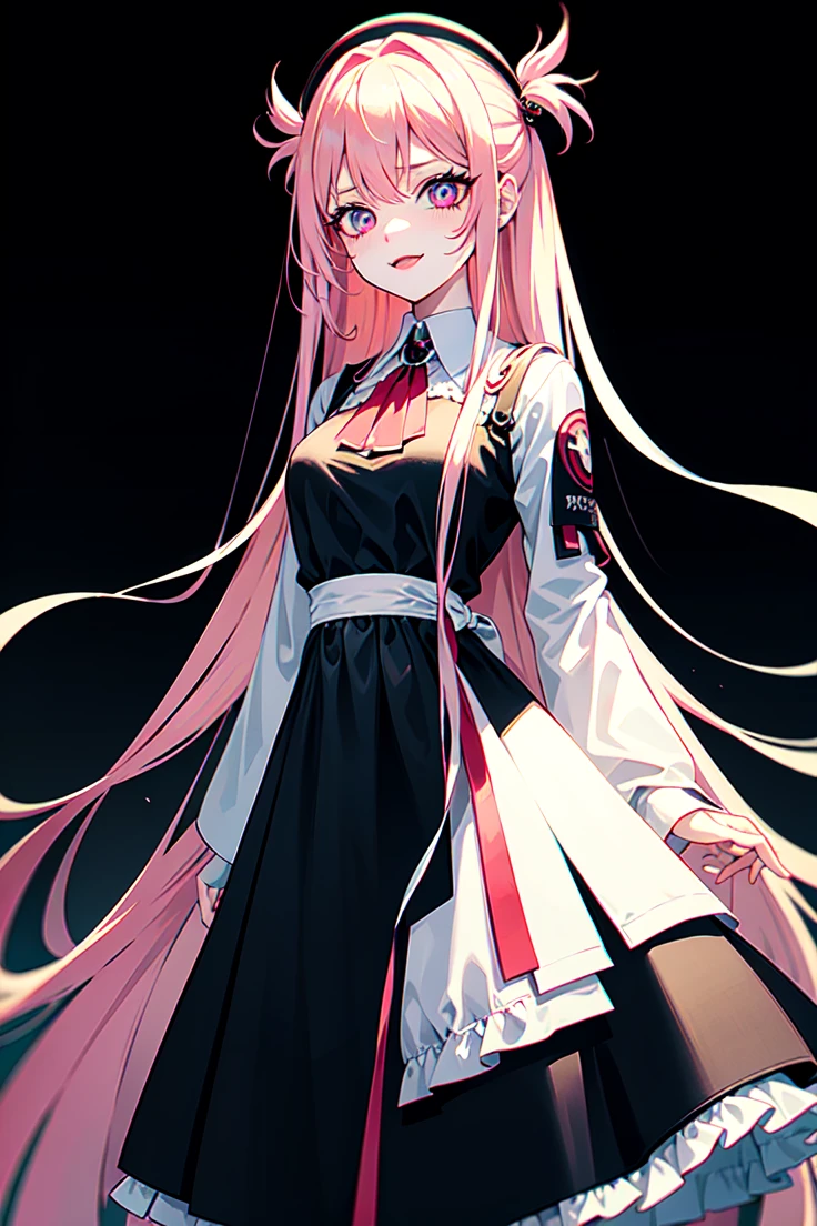 kakegurui style, Kizi, long pink hair, blue colored eyes,:d ((glare eyes)), cloused mouth,wavy fringe, blusa white, black jacket, kind smile, posh, rica, whole body, long robe, fitted dress, serious expression, simple background, White background, ((work of art)) 