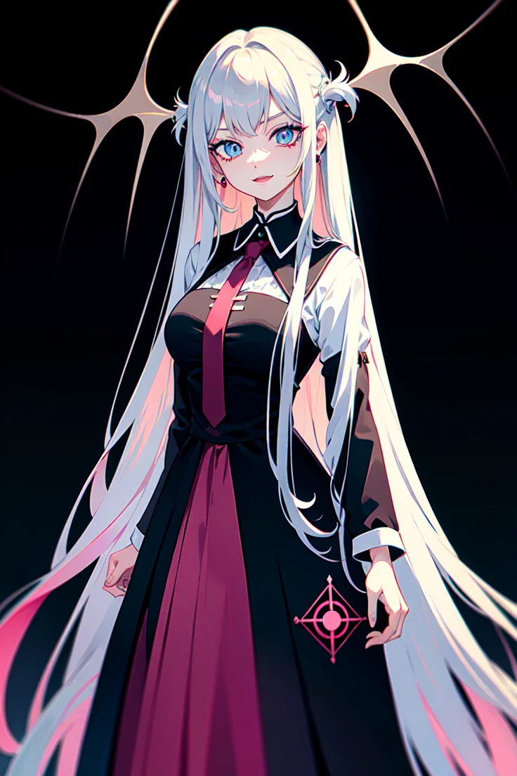 kakegurui style, Kizi, long pink hair, blue colored eyes,:d ((glare eyes)), cloused mouth,wavy fringe, blusa white, black jacket, kind smile, posh, rica, whole body, long robe, fitted dress, serious expression, simple background, White background, ((work of art)) 