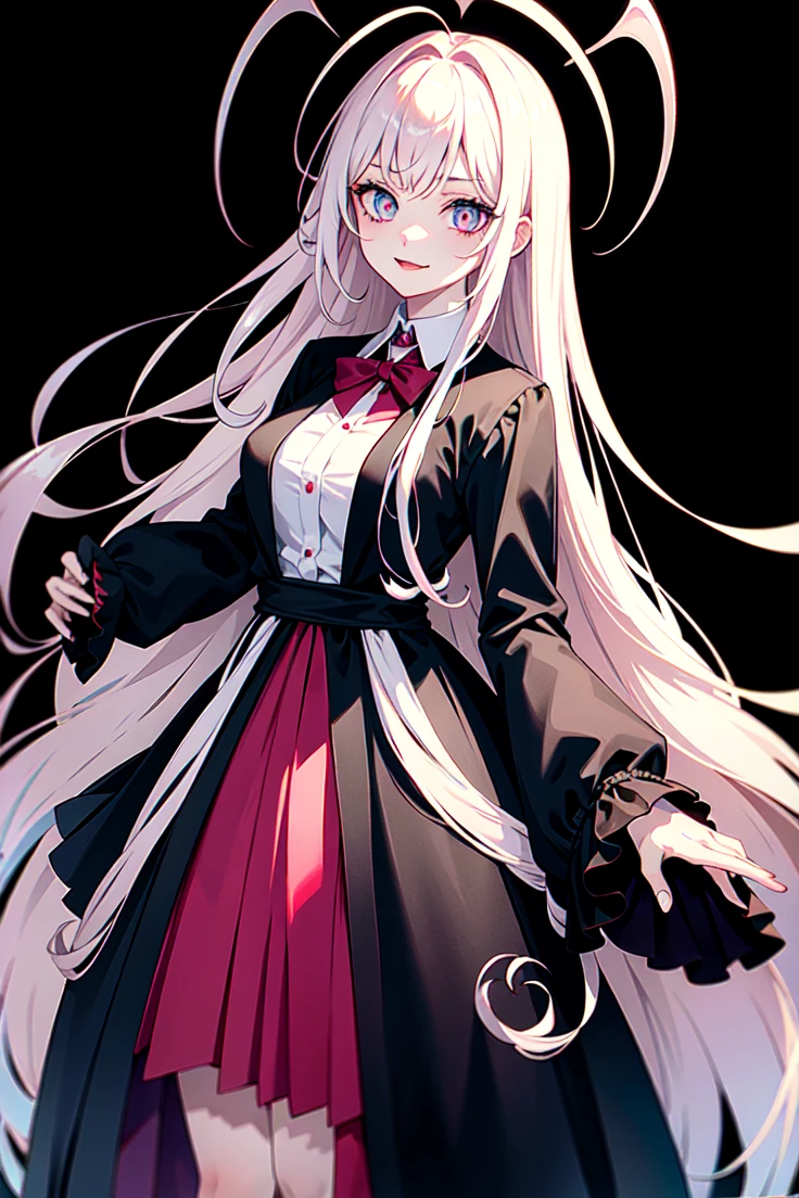 kakegurui style, Kizi, long pink hair, blue colored eyes,:d ((glare eyes)), cloused mouth,wavy fringe, blusa white, black jacket, kind smile, posh, rica, whole body, long robe, fitted dress, serious expression, simple background, White background, ((work of art)) 