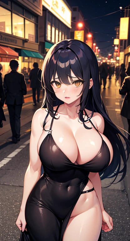 big breasts muscular body pale skin black long hair yellow eyes shy shy shy shy shy blush,fighting in the street at night