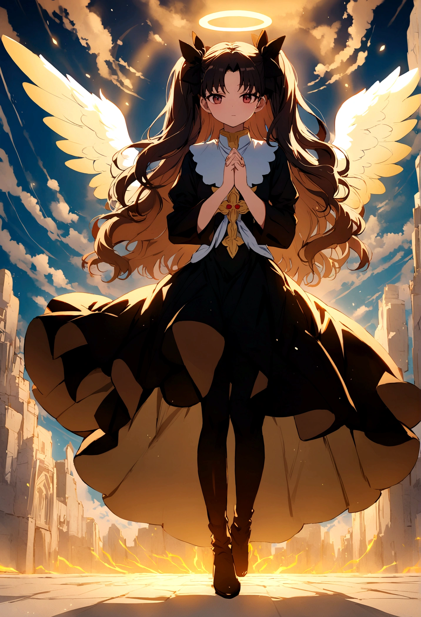 pov, Angel, praying, (Tohsaka Rin), (cosplay angel),extremly detailed face,full body , fullbody,blue sky,golden aura , halo