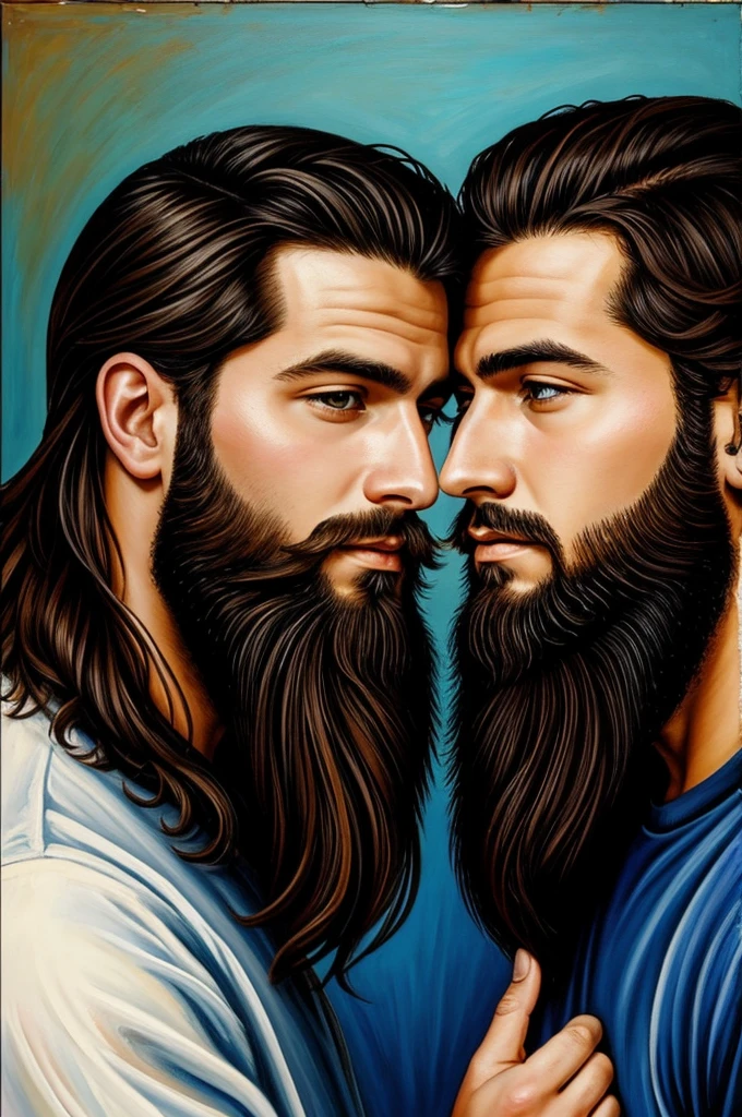 A painting that represents the love between two men, one 26 years old with a beard and one  years old. 