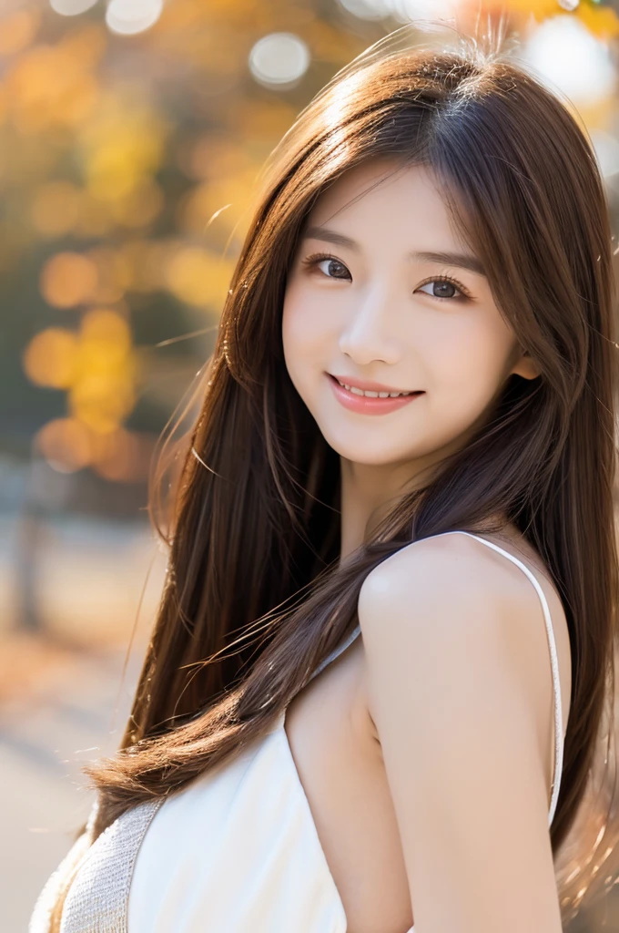 8K Super Resolution、Beauty、One Lady、Dark Brown Hair:1.1、Ultra-detailed face、Detailed lips、important、(Eyes meet)、double eyelid、Princess Eyes、 Beautiful Japanese Woman、Beautiful Japanese Woman、 Sensual lips、Bewitching body、Bust size 82、8 Life-size、Standing in a provocative pose facing forward with a well-balanced, natural body、Girlfriend in her 20s、(28 years old)、far and near method、Smiling with a nice smile、 wearing white one piece dress、Hair blowing in the wind、Clear images、The sparkle of tiny eyes、Fine autumn leaves dyed red、color々Hair style、