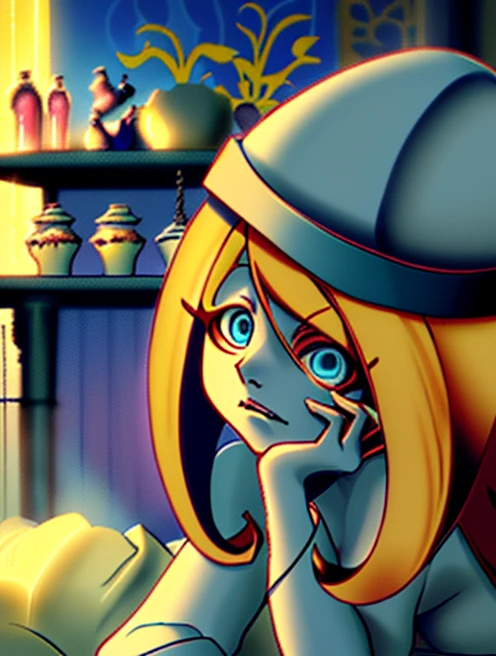 Anime character lying on bed with blue eyes and blonde hair, Anime drawing inspired by Yoshio Markino, Trending on pixiv, mingei, In the anime movie, Screenshot of the anime movie, Anime girl crouching, A shot from the anime movie, It is still an iconic anime today, The anime image is fixed, Screenshot from the anime Goro, Still from TV animation