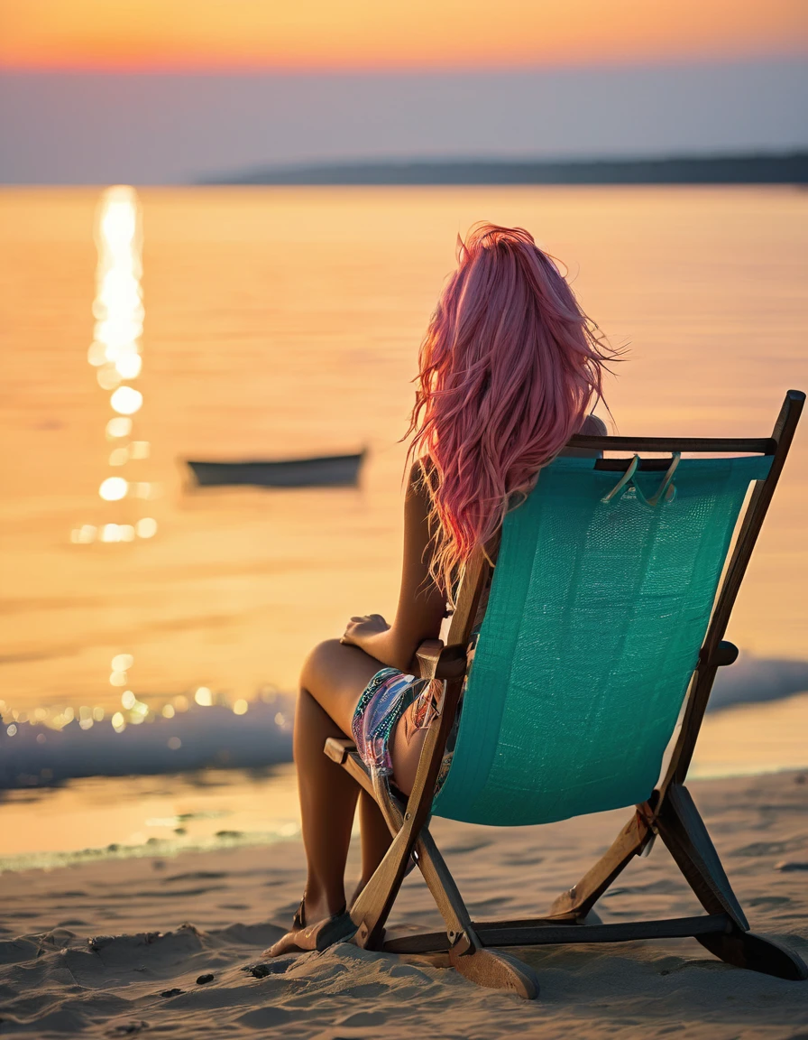 beautifull woman with long pink hair, wearing beach wear, sitting on a chair on the beach, sitting in the beach, sitting on a rocking chair, man sitting facing away, Shot with Canon eos 5d mark IV, sitting relax and happy, Sat down, Cooldown time. Good view, sitting in front of the lake, Shot with Canon EOS 5D, Portrait shooting,orange sunset
