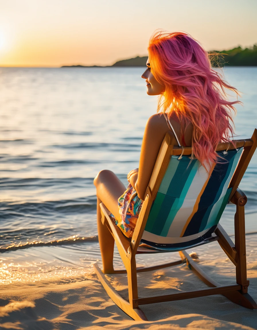 beautifull woman with long pink hair, wearing beach wear, sitting on a chair on the beach, sitting in the beach, sitting on a rocking chair, man sitting facing away, Shot with Canon eos 5d mark IV, sitting relax and happy, Sat down, Cooldown time. Good view, sitting in front of the lake, Shot with Canon EOS 5D, Portrait shooting,orange sunset