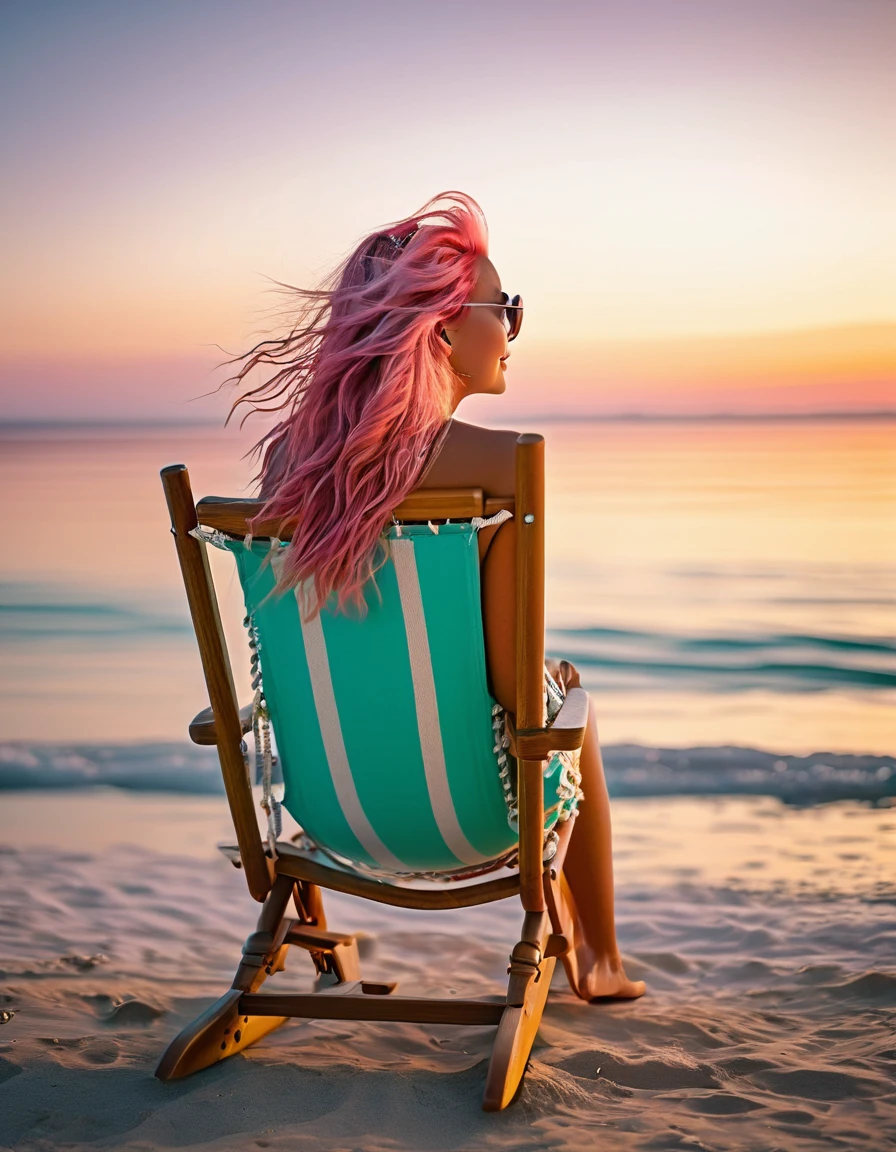 beautifull woman with long pink hair, wearing beach wear, sitting on a chair on the beach, sitting in the beach, sitting on a rocking chair, man sitting facing away, Shot with Canon eos 5d mark IV, sitting relax and happy, Sat down, Cooldown time. Good view, sitting in front of the lake, Shot with Canon EOS 5D, Portrait shooting,orange sunset