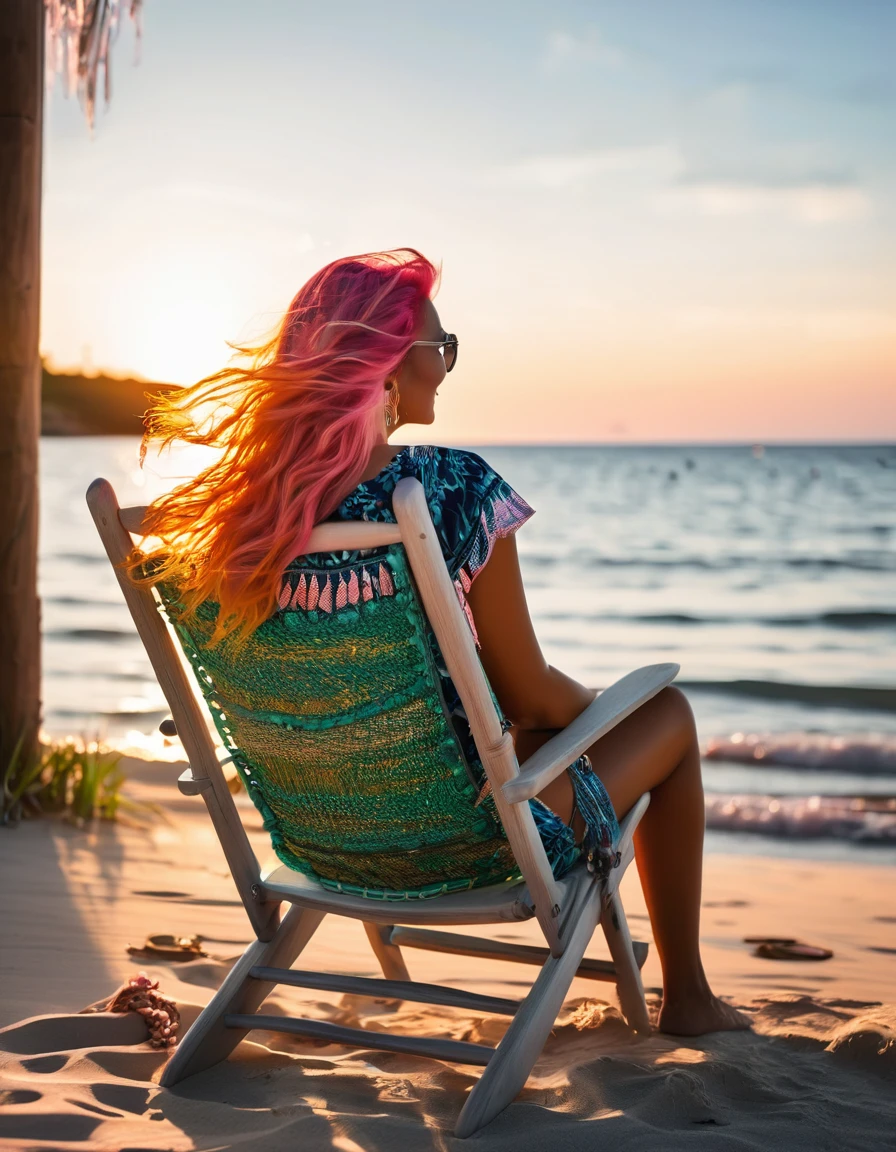 beautifull woman with long pink hair, wearing beach wear, sitting on a chair on the beach, sitting in the beach, sitting on a rocking chair, man sitting facing away, Shot with Canon eos 5d mark IV, sitting relax and happy, Sat down, Cooldown time. Good view, sitting in front of the lake, Shot with Canon EOS 5D, Portrait shooting,orange sunset
