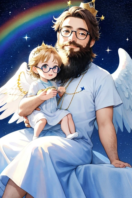 chibi、beard, Glasses, Watercolor、's Angel、Image of sitting on a soft cloud。The background is a clear blue sky、A rainbow is hanging。Around the angel、Sparkling particles of light and tiny stars are dancing。The angel costume、White gown and little gold crown。A gentle smile appeared on his face、The angel&#39;s wings shine as they reflect the light。