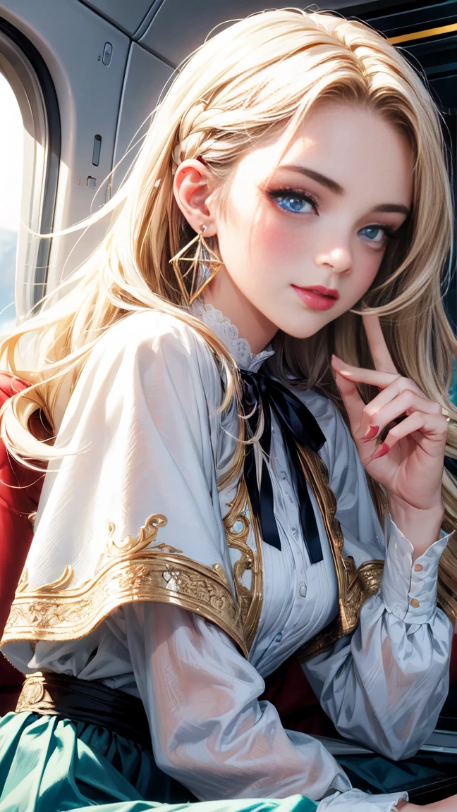{{{masterpiece}}},{{{{{official art}}}}},{{{high quality}}},{{{best quality}}},{{{{8K_wallpaper}}}},{{{{extremely detailed eyes}}}},{{{{extremely detailed body}}}},{{{{extremely detailed finger}}}},Detailed and beautiful eyes,Symmetrical eyes、gigiandalucia,1girl, long hair,blonde hair,triangle earrings,makeup,blue eyes,lipstick, capelet,dress,neck ribbon, skirt,((upper body:1.3)),Modern airplane cabin,sitting,smile