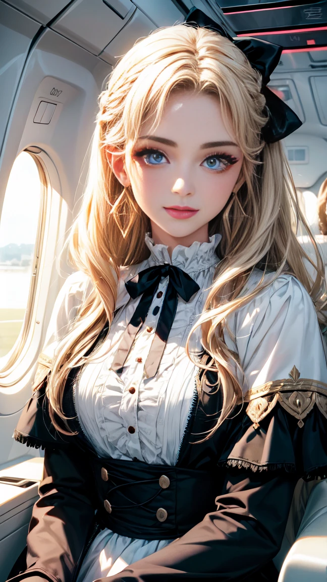 {{{masterpiece}}},{{{{{official art}}}}},{{{high quality}}},{{{best quality}}},{{{{8K_wallpaper}}}},{{{{extremely detailed eyes}}}},{{{{extremely detailed body}}}},{{{{extremely detailed finger}}}},Detailed and beautiful eyes,Symmetrical eyes、gigiandalucia,1girl, long hair,blonde hair,triangle earrings,makeup,blue eyes,lipstick, capelet,dress,neck ribbon, skirt,((upper body:1.3)),Modern airplane cabin,sitting,smile