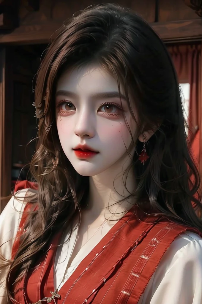 make a well-dressed character with red and scarlet eyes and beautiful brown hair and well-dressed (anime styling)