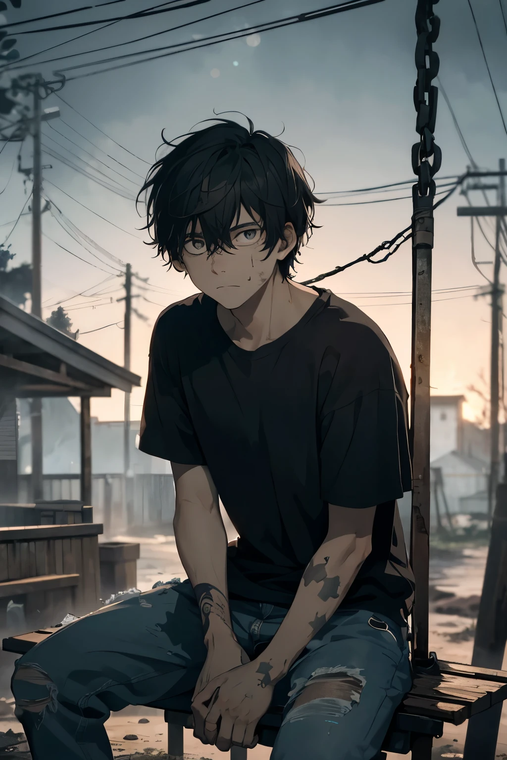 A melancholic teenager, seated on a rusted swing set under the pale moonlight, his drooping shoulders displaying a sense of despair. His worn-out jeans and faded t-shirt are a testament to his hardships. The once vibrant colors of his clothing have faded, mirroring the state of his spirit. A solitary tear trickles down his cheek, leaving a trail on his unshaven face. His messy, unkempt hair casts long shadows on his sunken cheeks, adding to the overall melancholic atmosphere. The vacant, far-off gaze in his hollow eyes tells a story of loneliness and heartache. The background is blurred, creating a boke