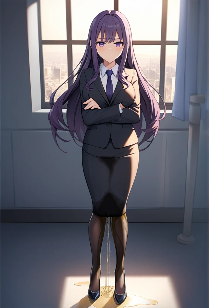 (masterpiece:1.37), best quality, (extremely detailed:1.37), office, window overlooking a bustling cityscape, woman, (mature:1.75), (very long hair:1.25), dark purple hair, purple eyes, (extremely detailed eyes:1.37) shining eyes, breasts, business suit, necktie, (very long pencil skirt:1.5), pantyhose, (wetting herself:1.5), standing, (arms crossed:1.5), (desperation:1.75), dignified, stoic expression, full body, high heels, day, daytime, glow, looking at viewer, perfect composition, Perfect light and shadow, 8K