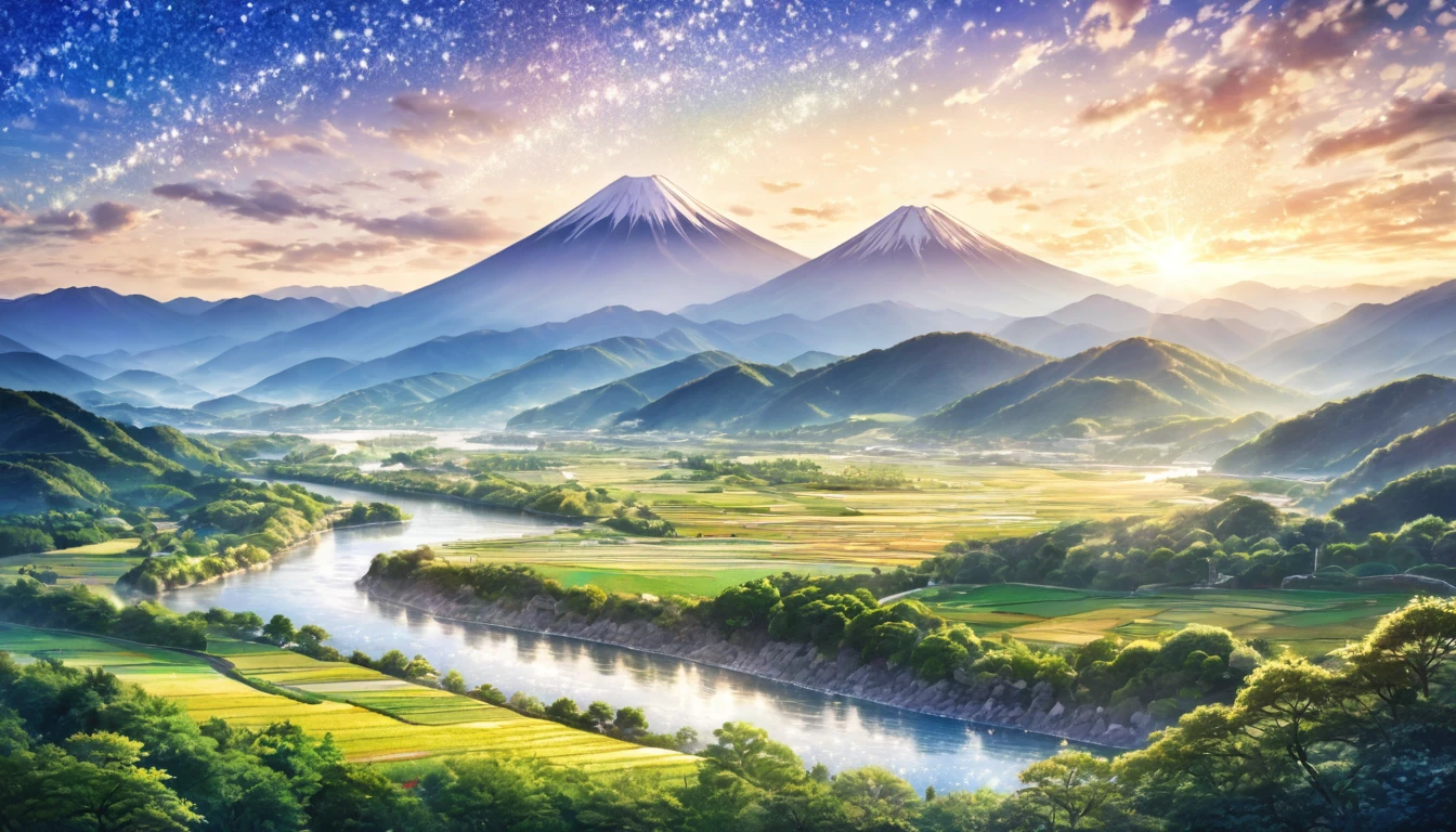 Japanese countryside,Beautiful Japan,Mountains and Rivers,Summer sky,Blur the background,Glitter effect,Highest quality, 8K, High resolution, masterpiece:1.2, Very detailed, Realistic:1.37, High resolution, 超High resolution, Ultra-fine painting, Very detailed, Professional, Vibrant colors