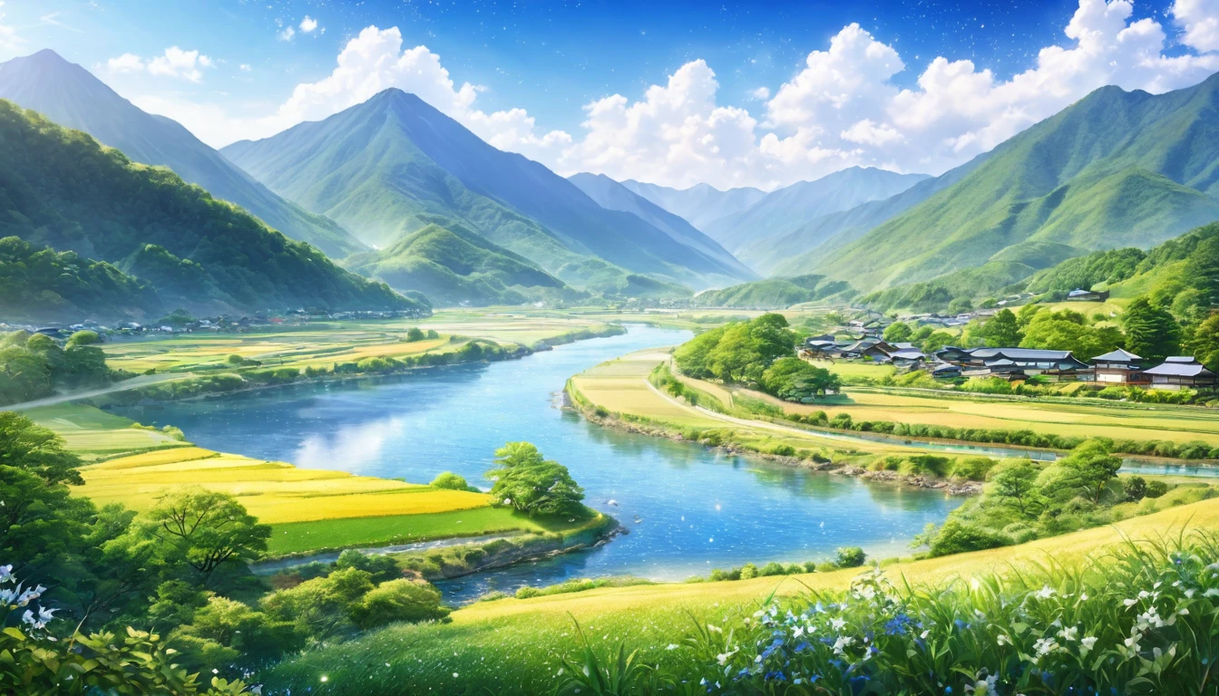 Japanese countryside,Beautiful Japan,Mountains and Rivers,Summer sky,Blur the background,Glitter effect,Highest quality, 8K, High resolution, masterpiece:1.2, Very detailed, Realistic:1.37, High resolution, 超High resolution, Ultra-fine painting, Very detailed, Professional, Vibrant colors