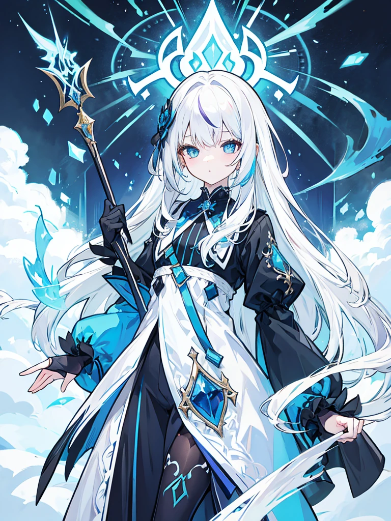 fantasy world girl with colorful hair, accessories, detailed clothes, white hair, dark blue eyes, blue and black clothes
