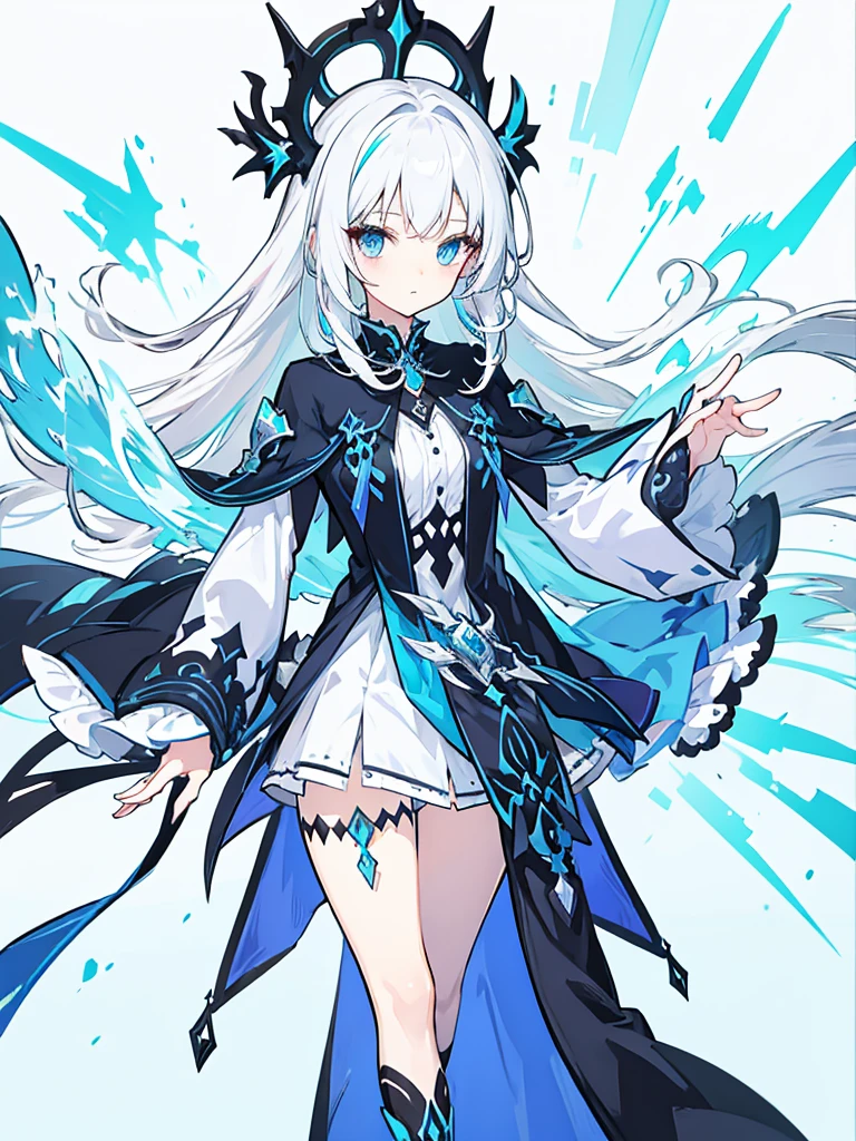 fantasy world girl with colorful hair, accessories, detailed clothes, white hair, dark blue eyes, blue and black clothes