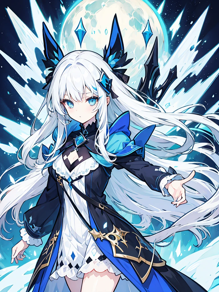 fantasy world girl with colorful hair, accessories, detailed clothes, white hair, dark blue eyes, blue and black clothes