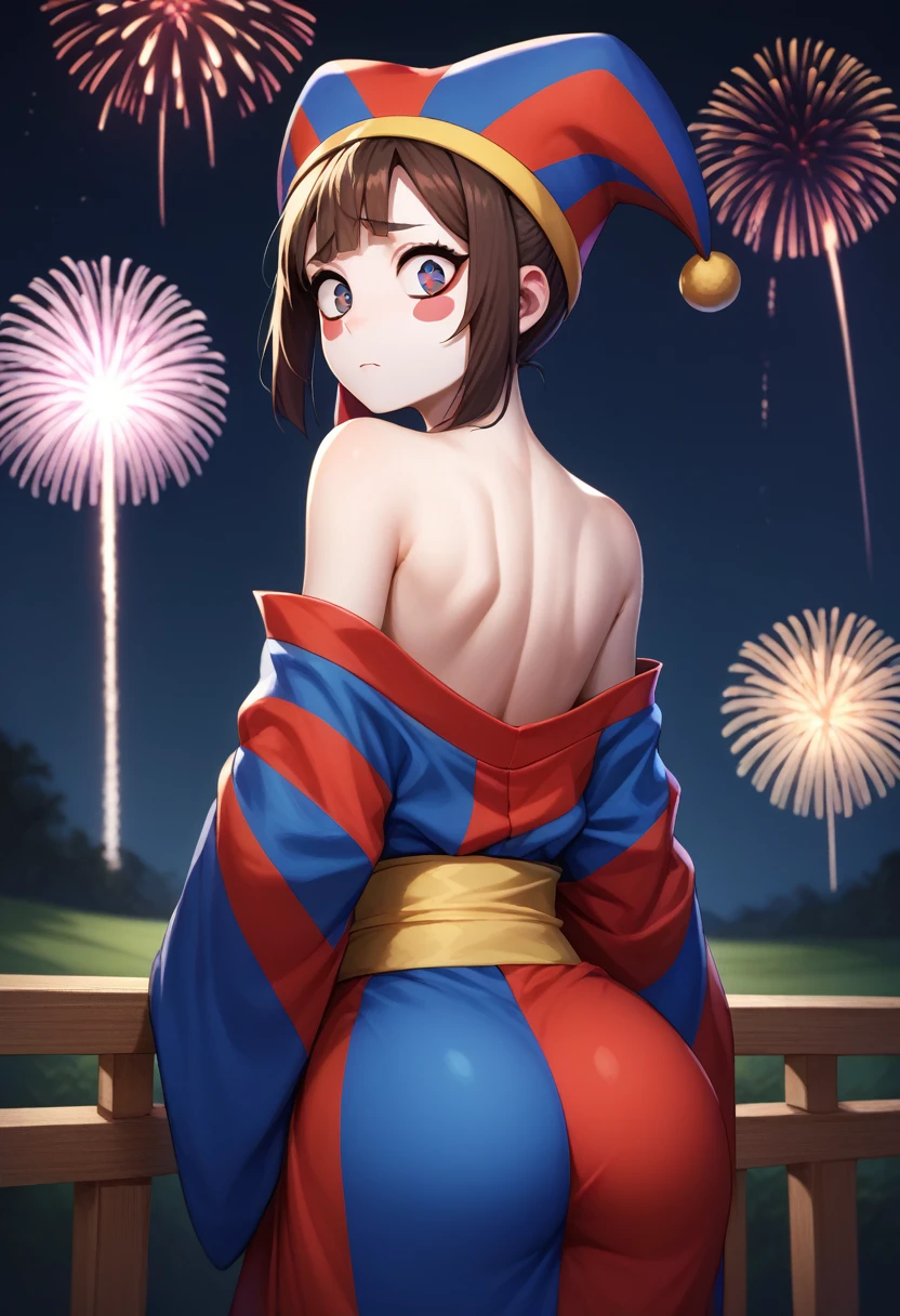 score_9, score_8_up, score_7_up, score_6_up, BREAK from behind,kimono,off shoulder,bare shoulderr,night sky,fireworks,looking at viewer,pomni, colored skin, blush stickers, jester cap 