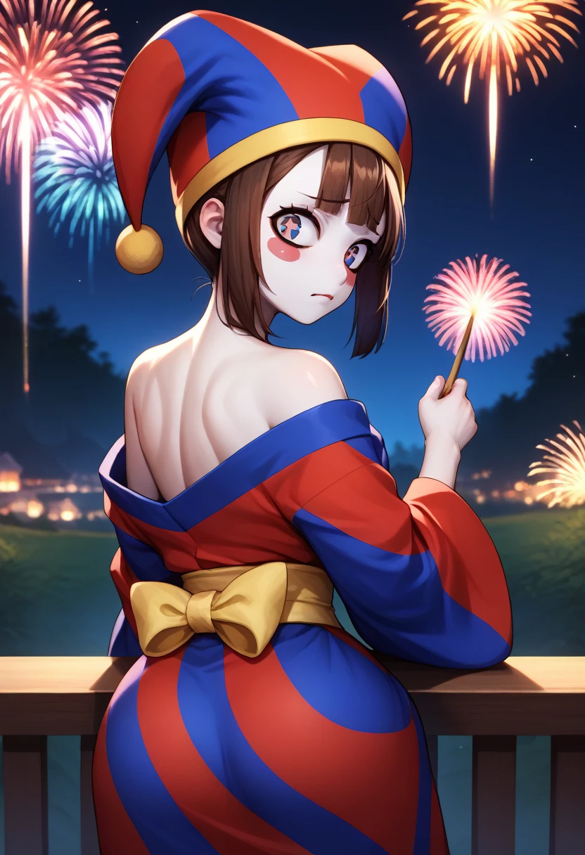 score_9, score_8_up, score_7_up, score_6_up, BREAK from behind,kimono,off shoulder,bare shoulderr,night sky,fireworks,looking at viewer,pomni, colored skin, blush stickers, jester cap 