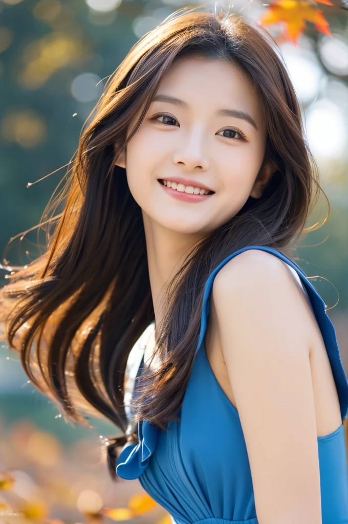 8K Super Resolution、Beauty、One Lady、Dark Brown Hair:1.1、Ultra-detailed face、Detailed lips、important、(Eyes meet)、double eyelid、Princess Eyes、 Beautiful Japanese Woman、Beautiful Japanese Woman、 Sensual lips、Bewitching body、Bust size 82、8 Life-size、Standing in a provocative pose facing forward with a well-balanced, natural body、Girlfriend in her 20s、(28 years old)、far and near method、Smiling with a nice smile、 Wearing a blue one piece dress、Hair blowing in the wind、Clear images、The sparkle of tiny eyes、Fine autumn leaves dyed red、color々Hair style、