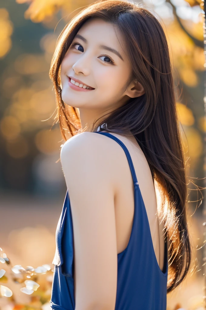 8K Super Resolution、Beauty、One Lady、Dark Brown Hair:1.1、Ultra-detailed face、Detailed lips、important、(Eyes meet)、double eyelid、Princess Eyes、 Beautiful Japanese Woman、Beautiful Japanese Woman、 Sensual lips、Bewitching body、Bust size 82、8 Life-size、Standing in a provocative pose facing forward with a well-balanced, natural body、Girlfriend in her 20s、(28 years old)、far and near method、Smiling with a nice smile、 Wearing a blue one piece dress、Hair blowing in the wind、Clear images、The sparkle of tiny eyes、Fine autumn leaves dyed red、color々Hair style、