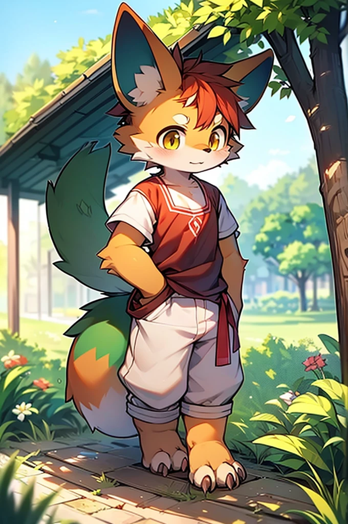 shaggy，Green fur，Green fur，Green fur，male people，canid，adolable，The little fox，The little fox，The little fox，adolable，solo person，sharp talons，Detailed fur，Golden eyes，Thick eyebrows，Fluffy tail，red short sleeves，short white pants，ultra - detailed：1.0，Libido boy，toddlers，children，children's，Gamine，Beast too，adolable，adolable，Shota（Via Dagasi：1.1），anatomy correct，Red Claw，Bare claws，Barefoot paws，Barefoot paws，standing on your feet，attention，bald-headed，Animal foot paws，lawns，grassy fields，On the lawn，on a grassy field，Stepping on the grass，Trampling on small grass
