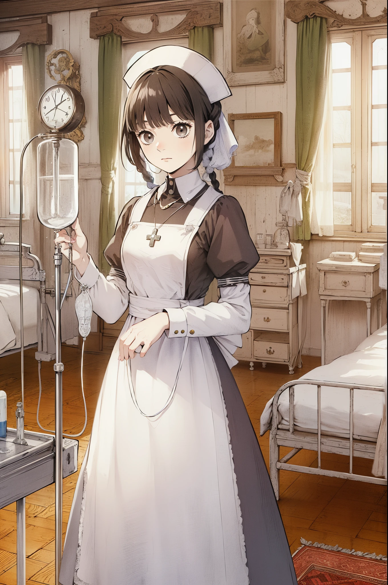 (masterpiece, best quality:1.2), kimetsu no yaiba style, (19th century Europe:1.1), (1girl, solo), 25years old, (black long hair, twin braids), black eyes, old style nurse uniform, cross necklace, (hospital ward, holding Infusion stand, bed, window, curtain)