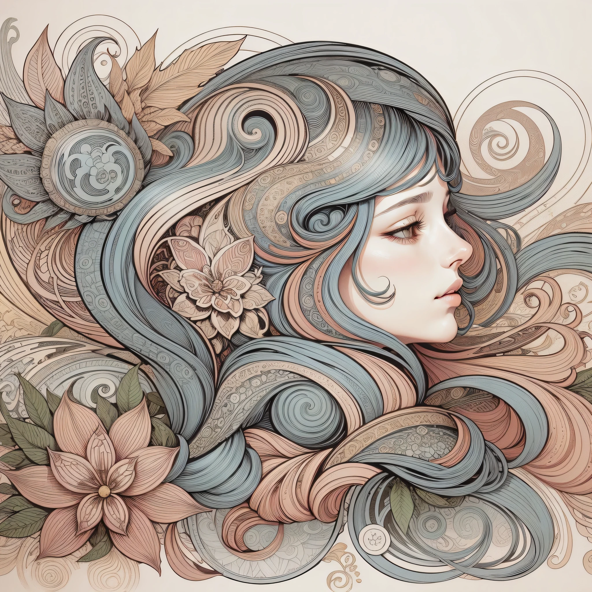 Genshin, light hair, tarot card art, white background, line art, clean line art, Nature-themed coloring mandala, simple and clean line art, coloring book page, adorned in Art Nouveau style, Alfons Mucha, perfect intricate details, realistic.