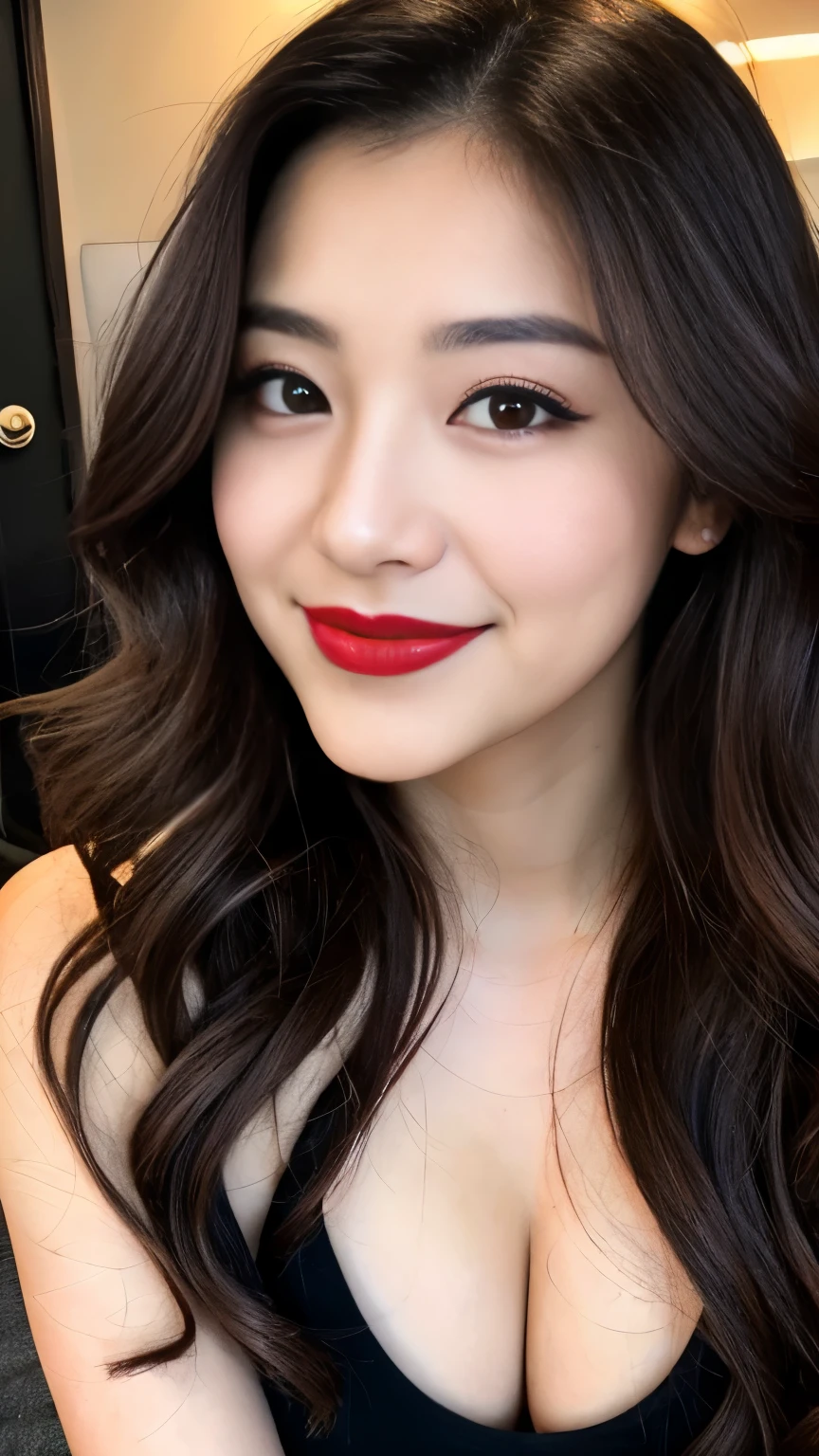 1 mexican girl, 25 years old, Long Wavy black Hair, dark brown eyes, black hair, nude, cleavage, smiling, red lipstick glossy, sensual Lipstick 