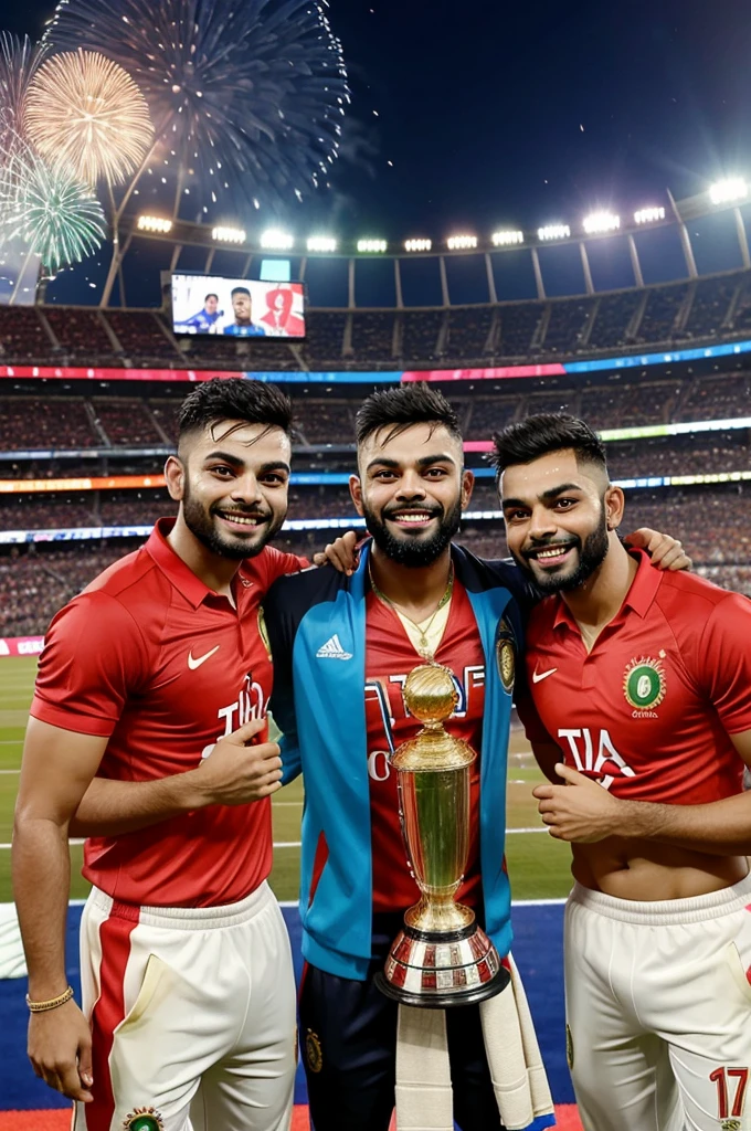 Imagine a vibrant stadium, packed with cheering fans, as Rohit, Virat, and Hardik stand on the field, beaming with joy. They're holding the coveted World Cup trophy aloft, their faces wet with tears of happiness. The golden trophy glimmers in the light, symbolizing their triumph and hard-won victory.

Rohit's smile stretches from ear to ear, his eyes shining with pride. Virat's face radiates a sense of fulfillment, his arms wrapped tightly around his teammates. Hardik's eyes are filled with tears of joy, his grin reflecting the euphoria of the moment.

The crowd erupts in a deafening roar, confetti and fireworks filling the air. The three friends embrace, basking in the glory of their triumph, their bond and camaraderie shining brighter than the trophy itself.

I need an image as per the above shared scenario.
