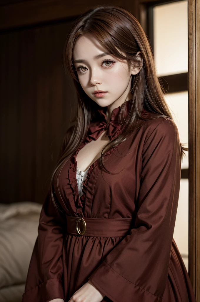 make a well-dressed character with red and scarlet eyes and beautiful brown hair and well-dressed (anime styling)