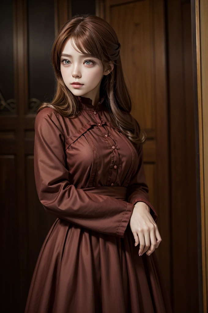 make a well-dressed character with red and scarlet eyes and beautiful brown hair and well-dressed (anime styling)