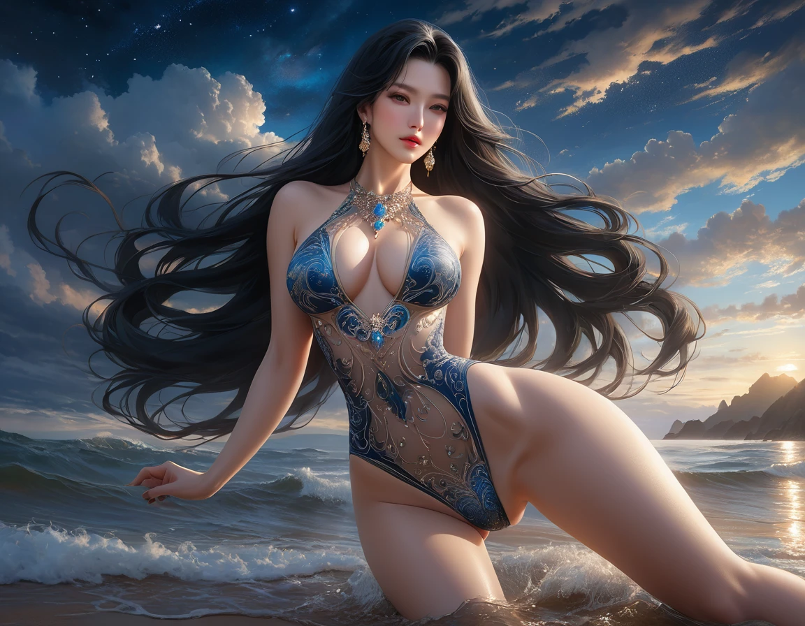 4K resolution,8K resolution,beautiful,Highest quality,Absolutely wonderful,Very detailed,Ultra-high resolution,masterpiece,(Realistic:1.5),(Realistic:1.5),Increased depth of field,Cinematic Light,
One elegant mature woman,
Long black hair,精巧なディテールのbeautiful顔,A face full of compassion,Transparent white skin,Very sensitive skin,Great proportions,Glamorous Body,Anatomically correct body,
Elegant high leg swimsuit,ornate designs,Gorgeous and detailed pattern,Beautifully detailed pattern,Detailed cloth texture,Decorated with lavish jewellery,
Dark clouds in the night sky,delay々The desolate coastline continues,Deserted beach,Dark sea surface,
(Dramatic Angle:1.5),